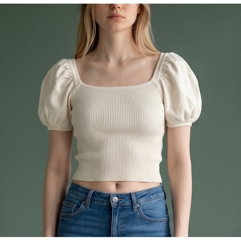 Nectar Clothing Ribbed Sweater Crop Top Cream Ivory‎ Puff Sleeve Size M/L